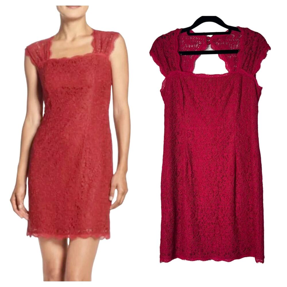 Adrianna Papell Pink Red Lace Sheath Mini Dress Cap Sleeve Keyhole Back 8 Petite